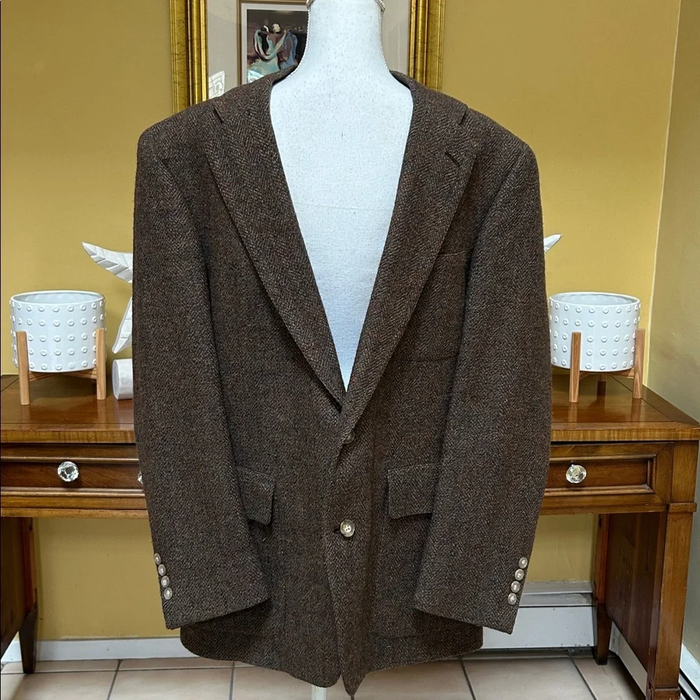 Vtg 100% Pure Scottish Wool Brown Harris Tweed Herringbone Sport Coat by GANT